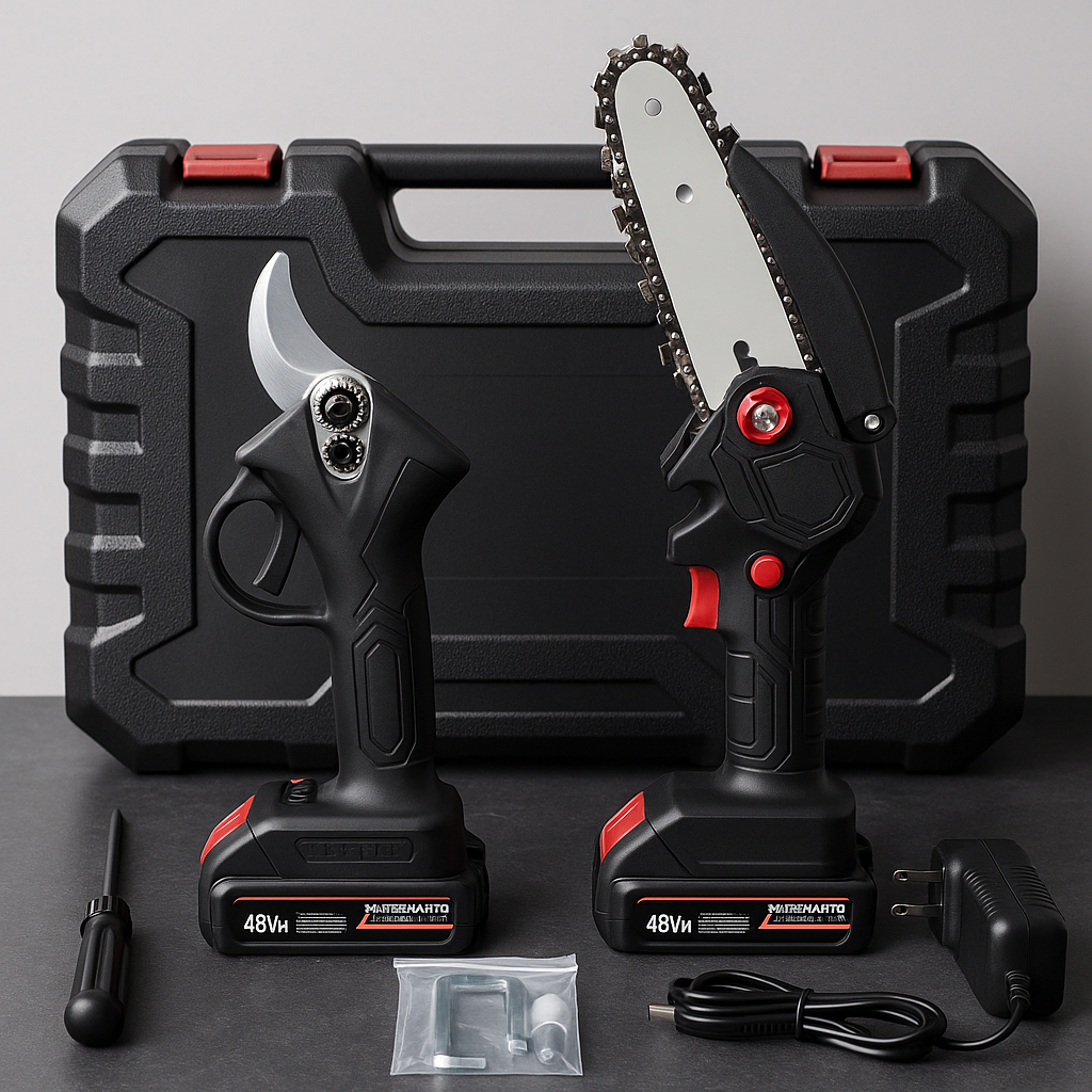 Kit Potatura 2 in 1 – Forbici Elettriche + Mini Motosega 48V con Valigetta