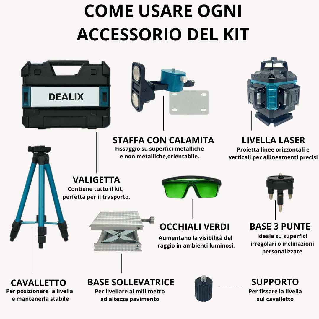 Livella Laser 16 Linee Verde 4×360° + Treppiedi e Accessori – Dealix