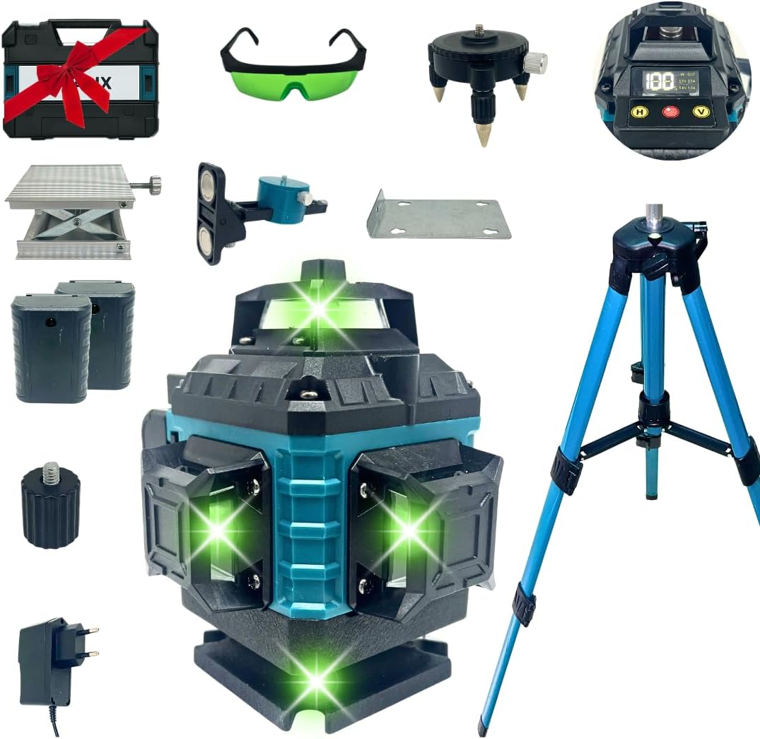 Livella Laser 16 Linee Verde 4×360° + Treppiedi e Accessori – Dealix