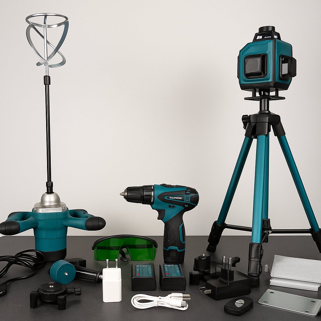 Kit Edilizia 3 in 1 Professionale – Miscelatore + Trapano 18V + Livella Laser 4D con Treppiede e Accessori Completi